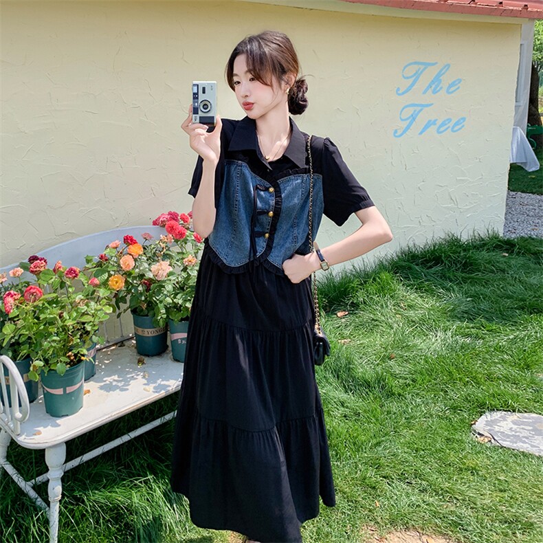 设计感牛仔拼接连衣裙女2025夏季新款韩系减龄显瘦假两件a字长裙,女装连衣裙,2C032