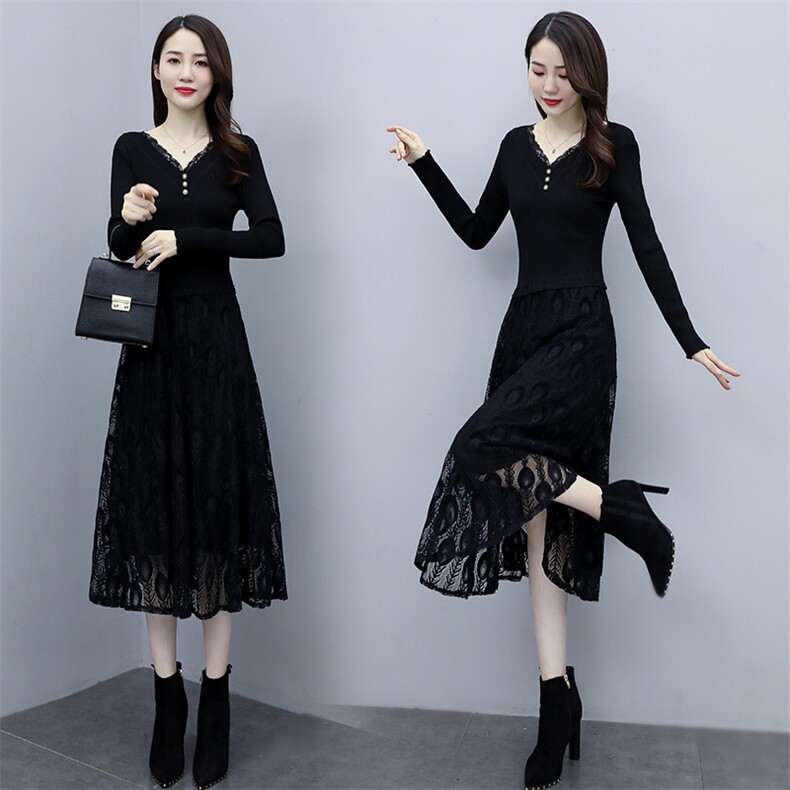 2023秋季新款V领针织3颗扣线衣配蕾丝长款打底连衣裙，女装连衣裙，安之芮娜