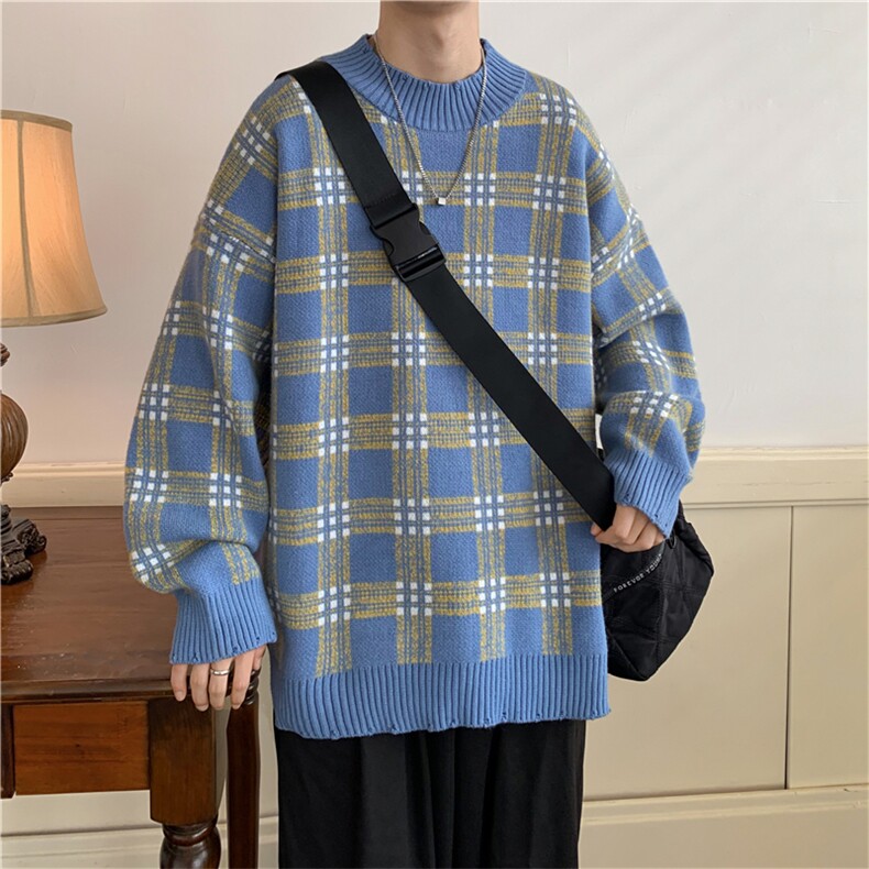 现货现货宽松圆领毛衣男秋冬格子百搭针织衫D329-QM801-P78控98,男装针织衫/毛衣,电商D329