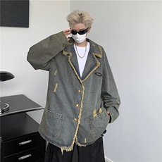 破洞牛仔西装领外套女春秋做旧毛边设计感小众宽松上衣潮JK8922，男装夹克，星座1116A-1（原606A）