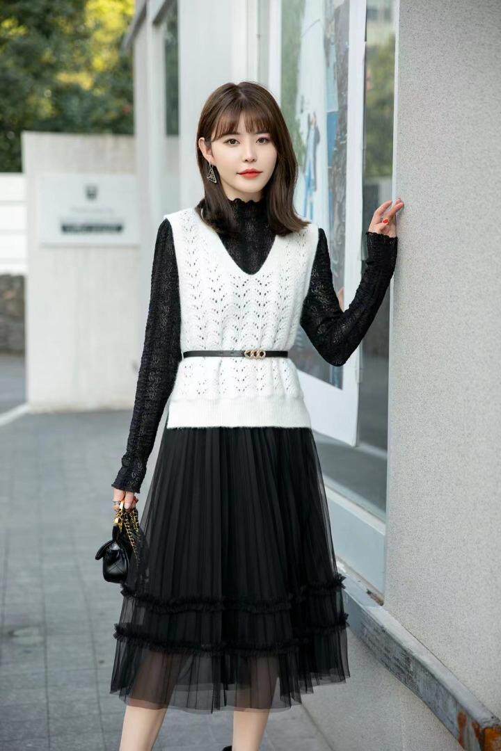 [现货]蕾丝拼接连衣裙马甲两件套，两色、三个尺码，女装连衣裙，依柏璐