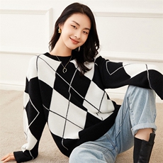 时尚女士加厚羊绒衫经典菱格图案舒适保暖适合秋季穿着，女装羊绒衫，杭跃羊绒