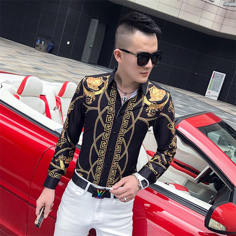 2021春秋衬衫社会男长袖上衣印花男装韩版修身四季潮流衬衣Q605-P55图片