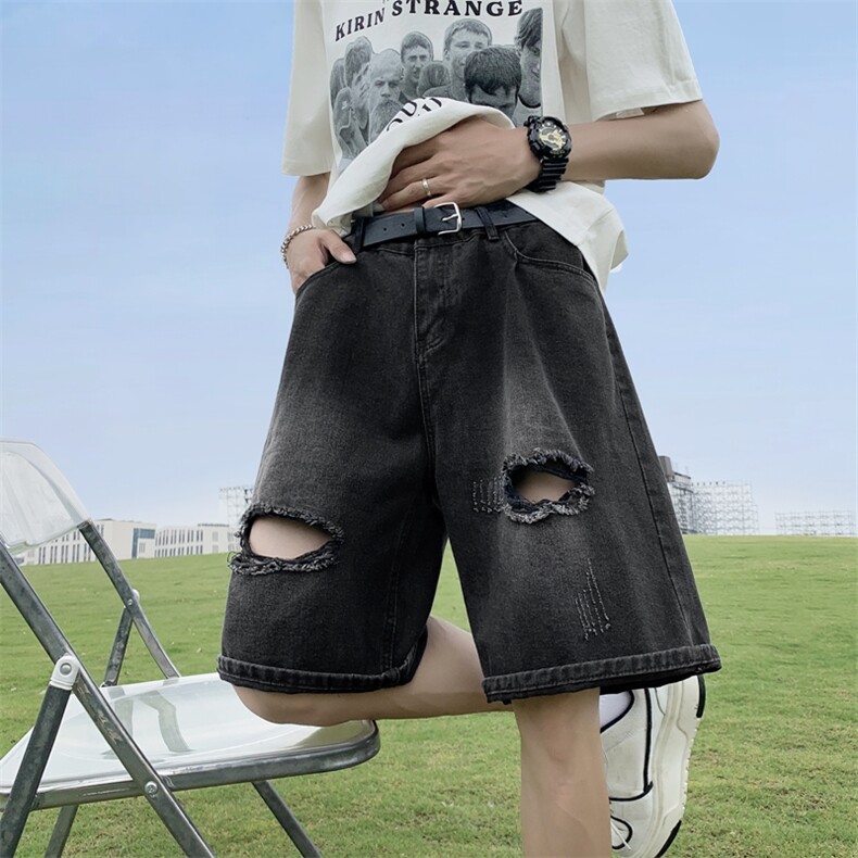 美式vibe牛仔短裤男士宽松阔腿破洞水洗五分裤NZK0234-批38控58,男装牛仔裤,星座617B