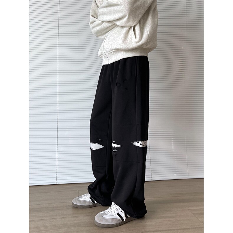 原创~秋冬字母毛边补丁破洞直筒垂坠卫裤1XZ502-K769-P65控88，男装休闲裤，星座502