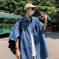 美式复古牛仔短袖衬衫男夏季潮牌高街百搭炸街工装衬衣CS633-P45，男装衬衫，星座1008