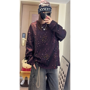 彩色星星提花破洞圆领卫衣男女设计感美式长袖t恤W4682-特价P50图片