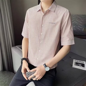 高级感竖条纹衬衫男韩版修身潮流帅气五分袖衬衣2025夏季薄款上衣图片