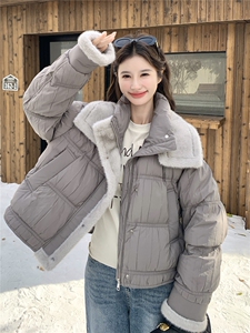 灰色短款泡芙羽绒服女2025冬季高级感毛毛拼接保暖90白鸭绒厚外套图片