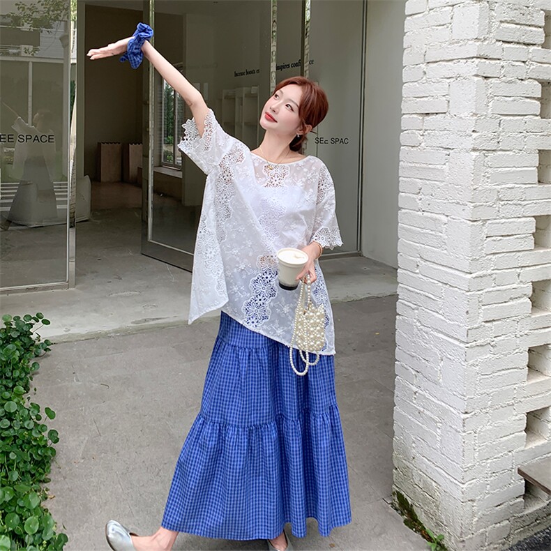 后背开叉蕾丝T恤格子半身裙套装女夏巨好看松驰感两件套爆款减龄,女装套装/套裙,欧黛芙妮
