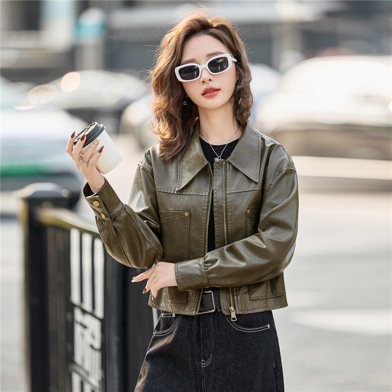 酷飒风翻领皮衣短外套女2025秋季新款小个子显瘦百搭机车夹克上衣,女装皮衣,臻衣坊