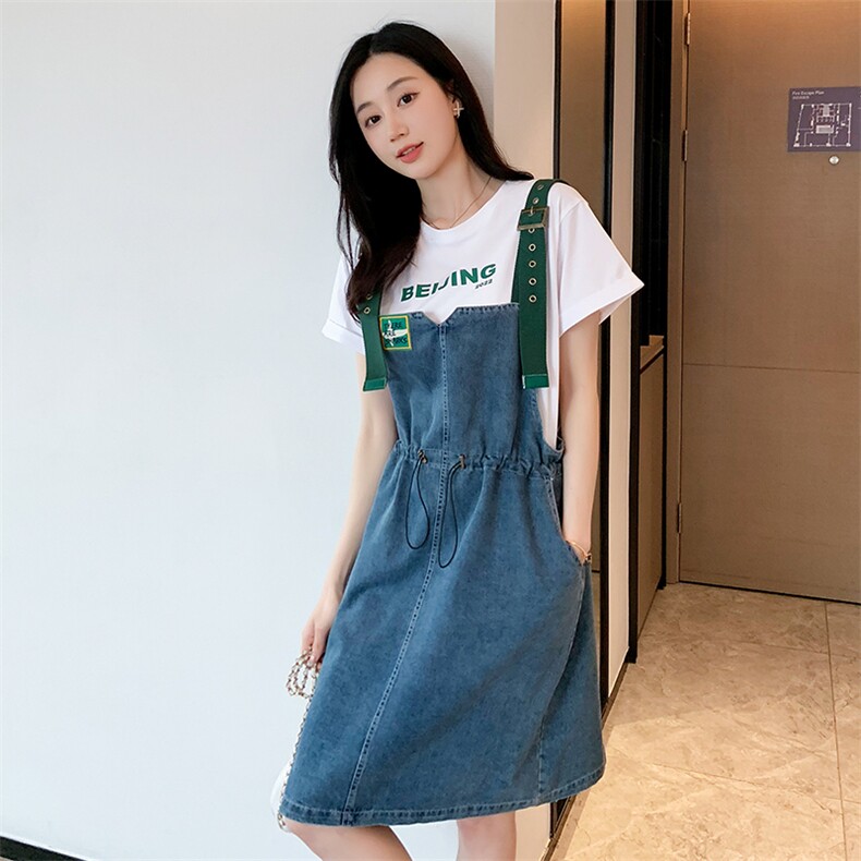 背带裙套装韩版通勤牛仔裙女夏新款连衣裙印花套头休闲韩版中长款,女装连衣裙,梦懿尔