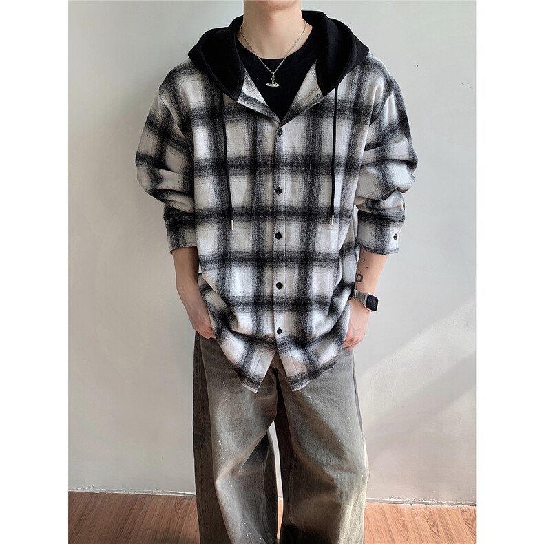 现货CS7191-P45特控88秋冬M-5XL大码微磨毛撞色连帽衬衫外套,男装衬衫,电商D232