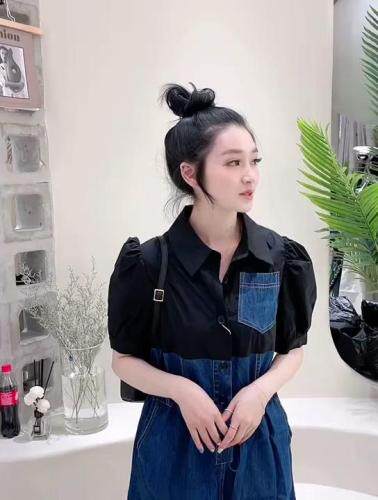 夏季新款牛仔衬衣拼接连体裤，女装连体裤，二分之一