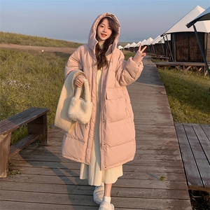 粉色中长款羽绒服女冬2024新款韩版宽松加厚小个子温柔风过膝外套图片