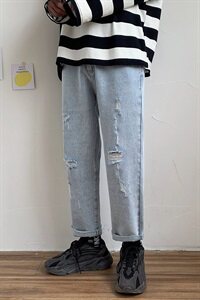 夏季九分牛仔裤男生直筒宽松破洞韩版潮流休闲潮牌浅裤子图片
