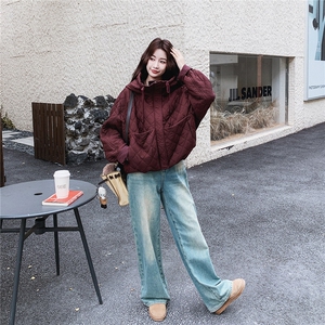 酒红色菱格连帽轻薄羽绒棉服女秋冬2025新款棉衣时髦洋气棉袄流行图片