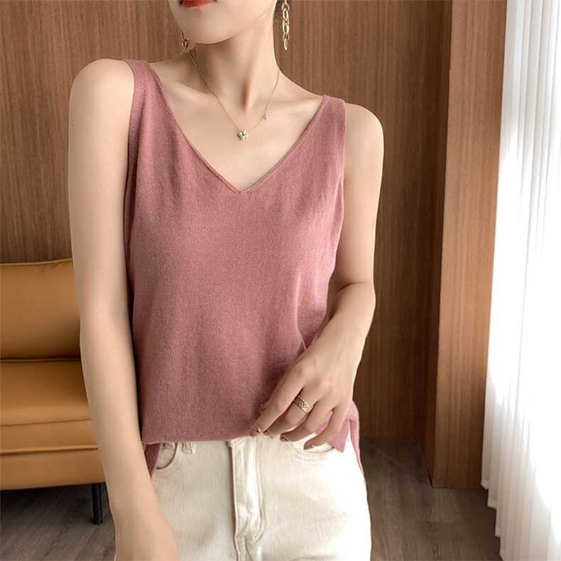 夏季新款100%桑蚕丝背心女纯色V领套头吊带内搭缎面真丝打底短袖，女装背心吊带，朝思羊绒