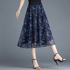 印花半身裙女2025夏季新款高腰a字百褶裙中长款显瘦气质网纱裙，女装半身裙，灵动羽绒服工厂