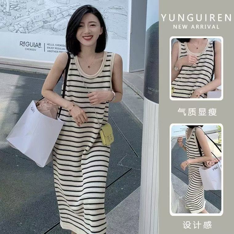 条纹针织连衣裙宽松无袖吊带裙小个子开叉打底背心裙图片