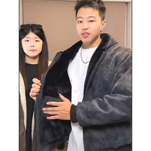 现货高品质美式冬季重磅座山雕大毛毛领pu皮棉衣男女加厚外套图片