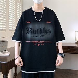 25157-特P40夏季休闲时尚T恤男短袖打底衫青少年潮牌拼接T恤图片