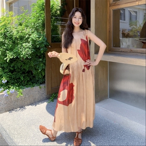 夏季长裙度假风印花高质感穿搭长款小个子连衣裙吊带显瘦气质性感图片