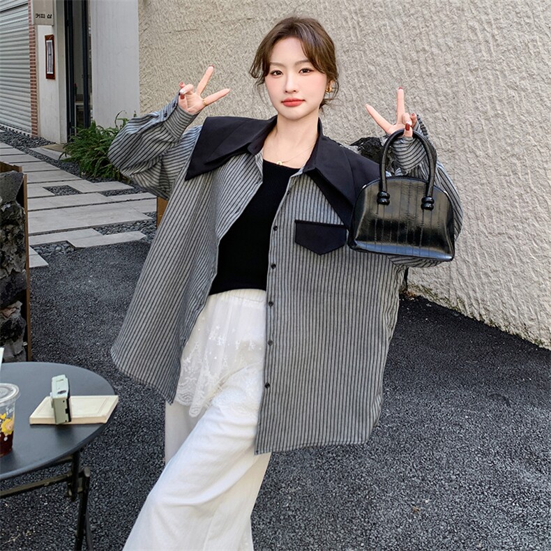 设计感拼接海军领条纹衬衫女2025秋季新款时尚宽松休闲小个子上衣,女装衬衫,维壹