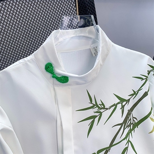 新中式盘扣竹子印花免烫衬衫男装唐装风长袖衬衣LS805 P37图片