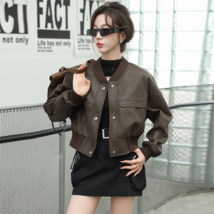 2024新款海宁皮衣女短款棒球服仿真绵羊皮夹克蝙蝠宽松拼接外套图片