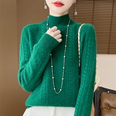 秋冬款加厚半高领绞花女宽松慵懒软糯长袖保暖打底上衣，女装针织衫/毛衣，大美人高端店