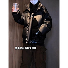 现货5W件冬季三防重磅硬挺boxy短款羽绒立领PU皮棉衣外套加厚棉服，男装棉衣，电商A486-1