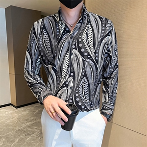 秋冬痞帅大V领印花长袖衬衫社会小伙店主风301A-1/CS613/P55