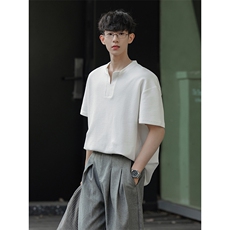 落肩情侣cityboy风短袖简约小V领韩系肌理T恤HY927TP28控49，男装T恤，电商A102B