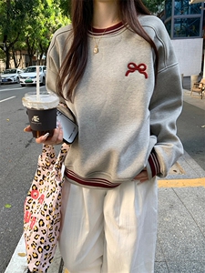 华棉复合奥粒绒秋冬加绒加厚2024潮刺绣花设计感圆领保暖上衣图片