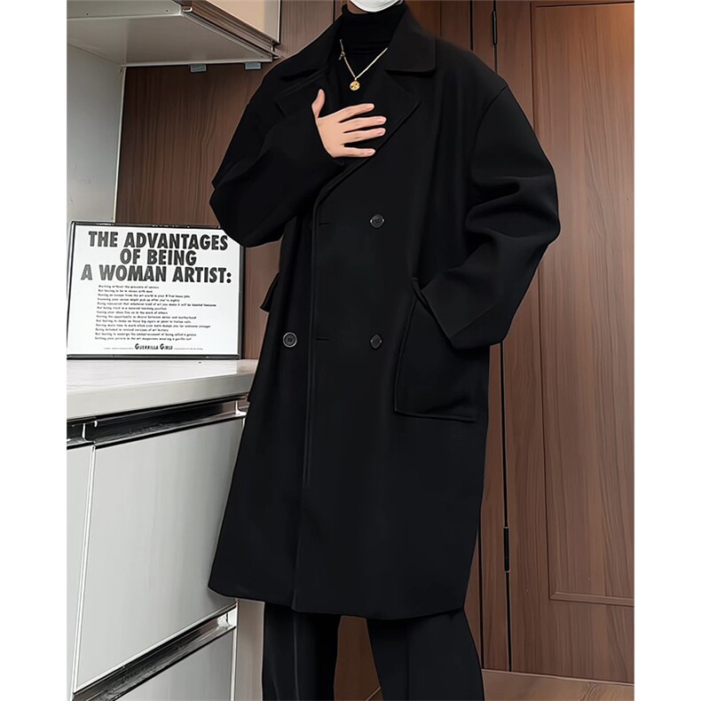 N6150/P115港风双排扣中长款过膝长款呢大衣男风衣毛呢料外套，男装风衣，电商A141