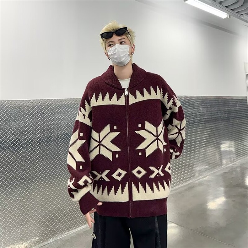 针织衫外套男士秋冬季新款美式宽松开衫毛衣男生潮牌休闲翻领夹克，男装针织衫/毛衣，星座410-7