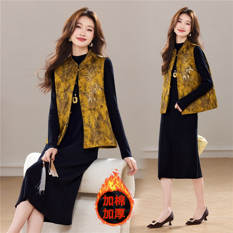 冬季新款加棉新中式立体刺绣花卉气质优雅立领盘扣马甲两件套裙女，女装套装/套裙，央宝儿