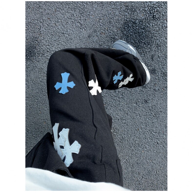 2025潮牌CH重工拼皮梵文刺绣十字架高街牛仔裤长裤修身裤男女同款，男装皮裤，四季星座505