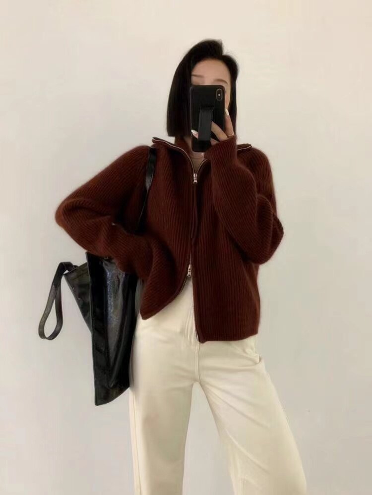 秋冬季新款宽松舒适简约女长领带绳拉链针织开衫,女装羊毛衫,恒恩羊绒