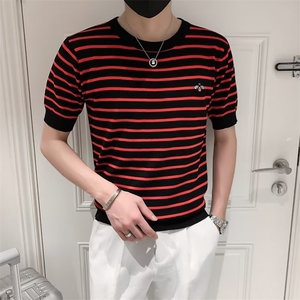 条纹短袖针织衫男春夏休闲线衣T恤男蜜蜂刺绣潮流半袖衣服男 S247图片
