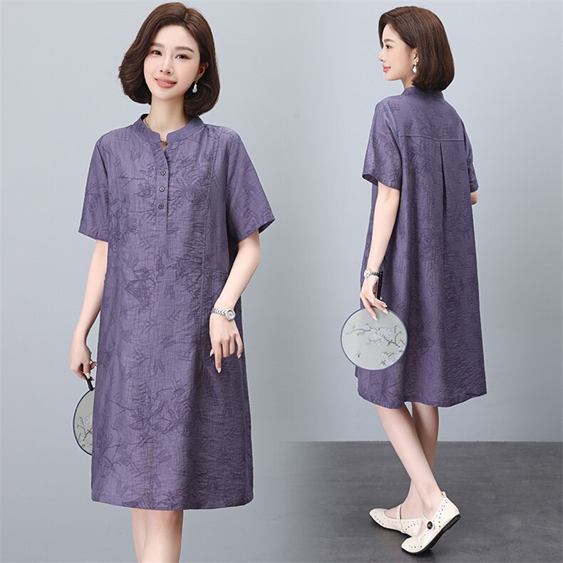 中年妈妈夏装天丝连衣裙2024年新款大码宽松气质短袖中长款直筒裙，女装连衣裙，鑫鑫格
