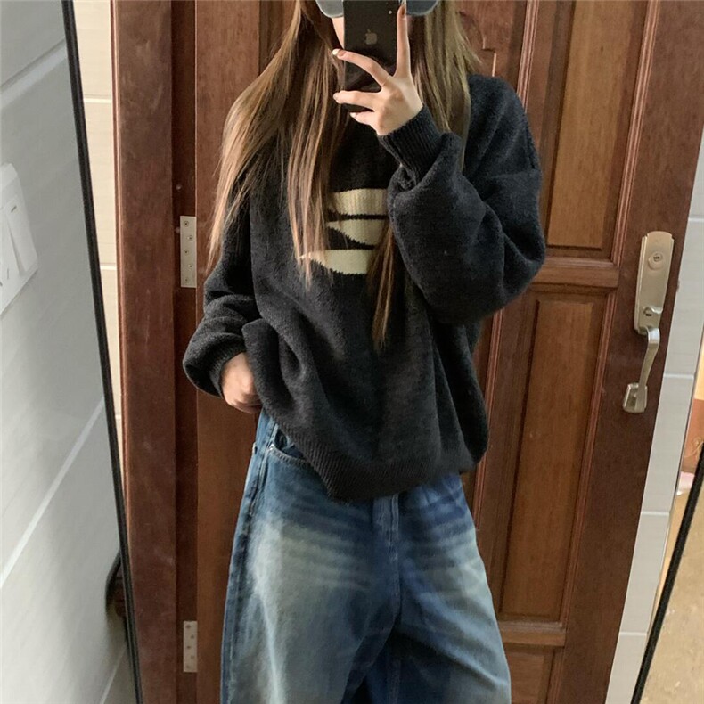 美式时尚高街圆领软糯套头毛衣女秋冬季慵懒风加厚针织上衣,针织衫/毛衣,星座506A