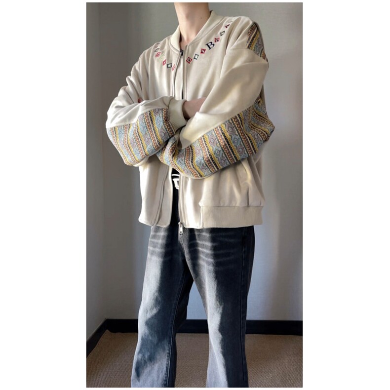 潮民族风字母刺绣夹克男女秋复古宽松棒球领夹克百搭休闲情侣款，男装民族服装，四季星座505