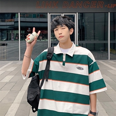 !条纹翻领宽松纯棉polo衫短袖男T恤XP221-P40控68，男装Polo衫，电商B370