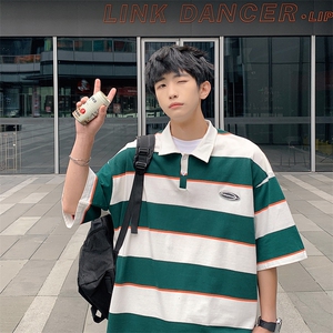 !条纹翻领宽松纯棉polo衫短袖男T恤XP221-P40控68图片