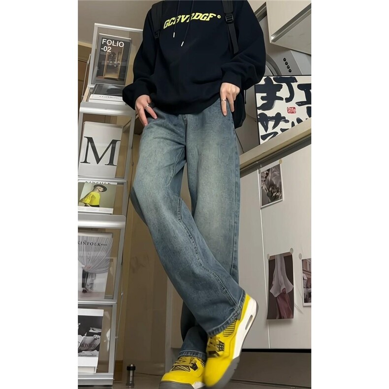 K16008-p38网络图）现货牛仔裤拼接无弹阔腿直筒裤老爹裤长裤，男装牛仔裤，星座103A-1