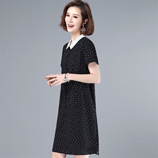 妈妈装中年大码娃娃领雪纺连衣裙女新韩版宽松40岁夏装洋气小个子，女装连衣裙，梦芯尔