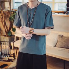 T97*2021夏季男士中国风棉麻短袖T恤衫灰蓝*P25，男装T恤，星座1516（原B303）