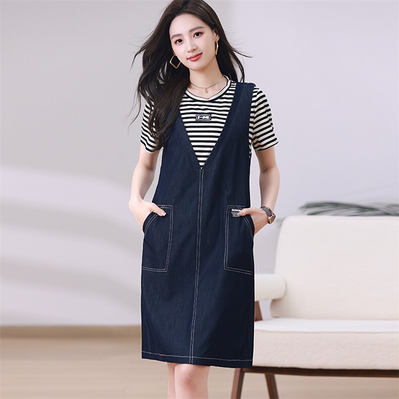 时尚显瘦条纹牛仔背带连衣裙夏季新款百搭减龄女装,女装连衣裙,梦芯尔